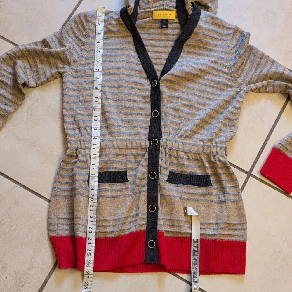 St. John hooded knit sweater cream striped cardigan buttondown size S